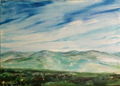 Góry i niebieskie niebo, akryl na płótnie, 70cm x50cm obraz do sprzedaży