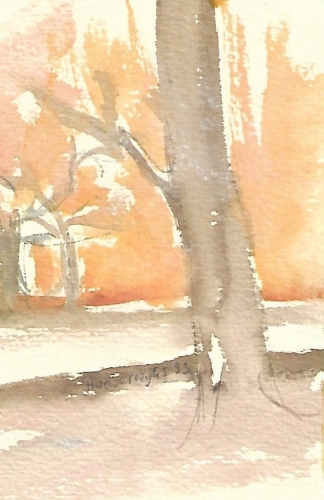 pomarańczowy pejzaż z drzewami, 1993, 9cm x 13cm, własność autora